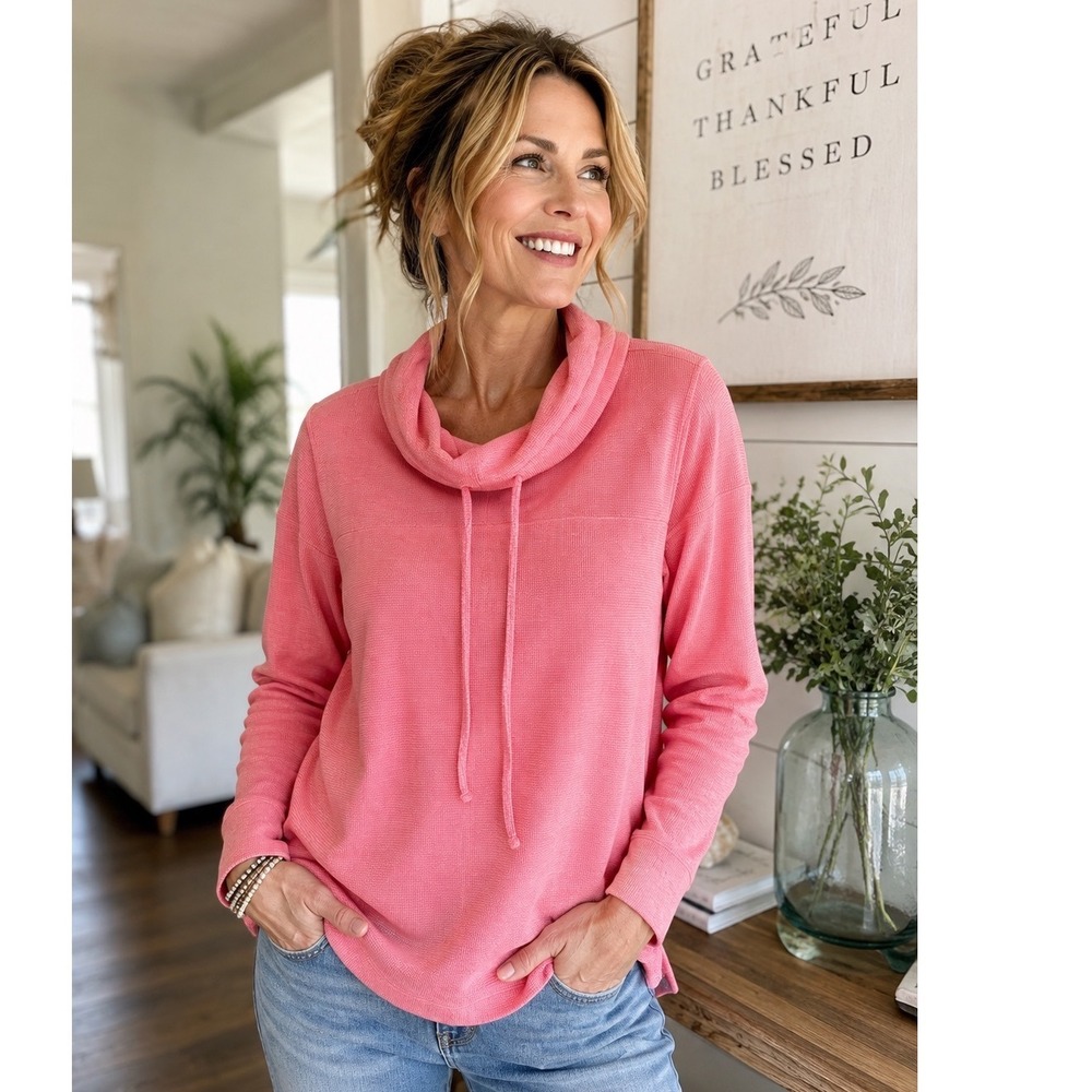 Talbots XL Pink Cowl Neck Sweater Heather Pullover Drawstring Knit Top